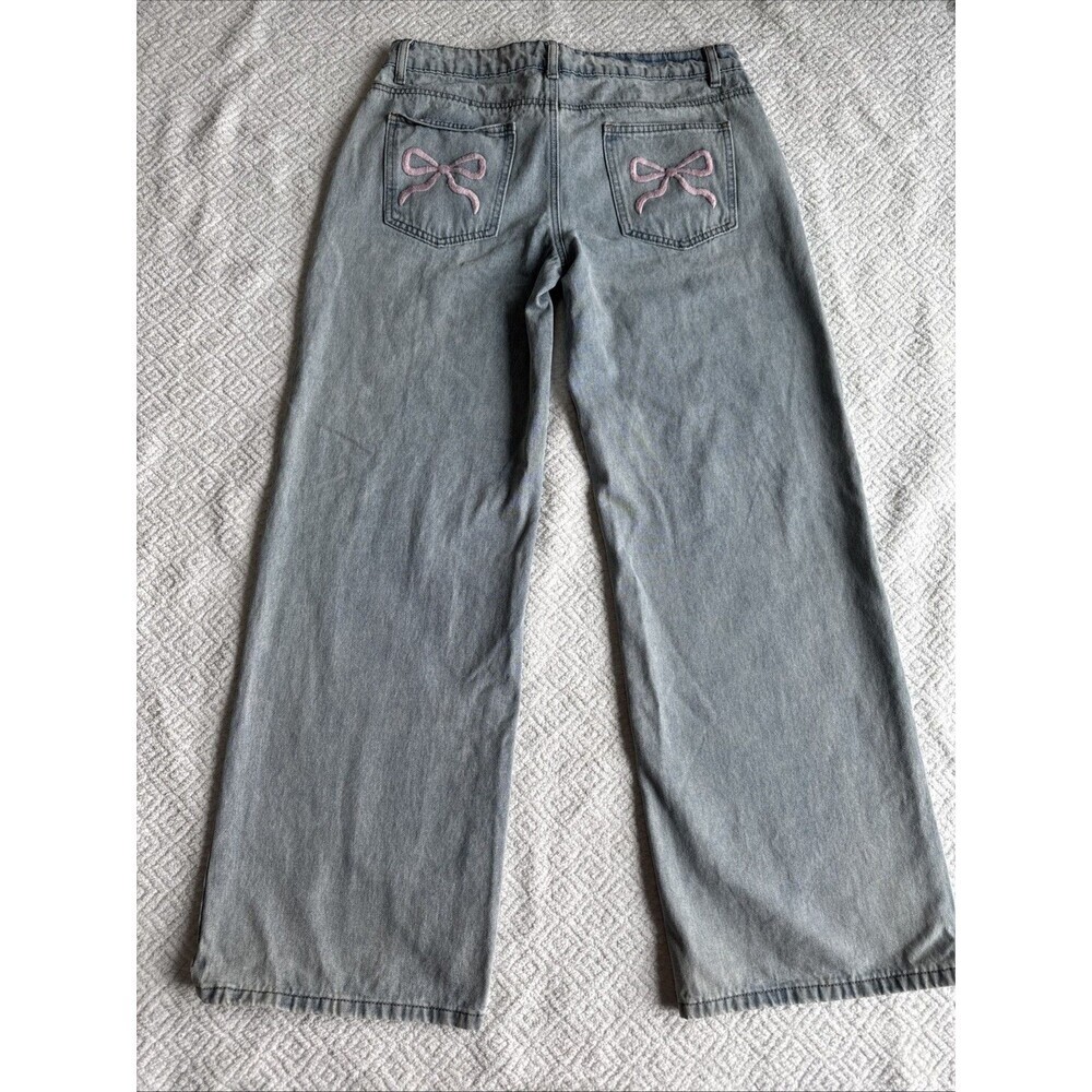 EDIKTED Light Blue Wide Leg Jeans Bow Pocket 100% Cotton Women's Size L